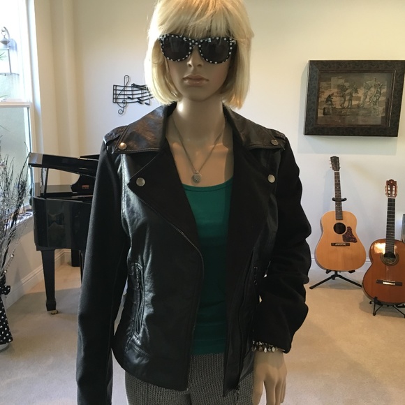 Faux Leather Biker Jacket w/Felted Wool Trim - Picture 7 of 7